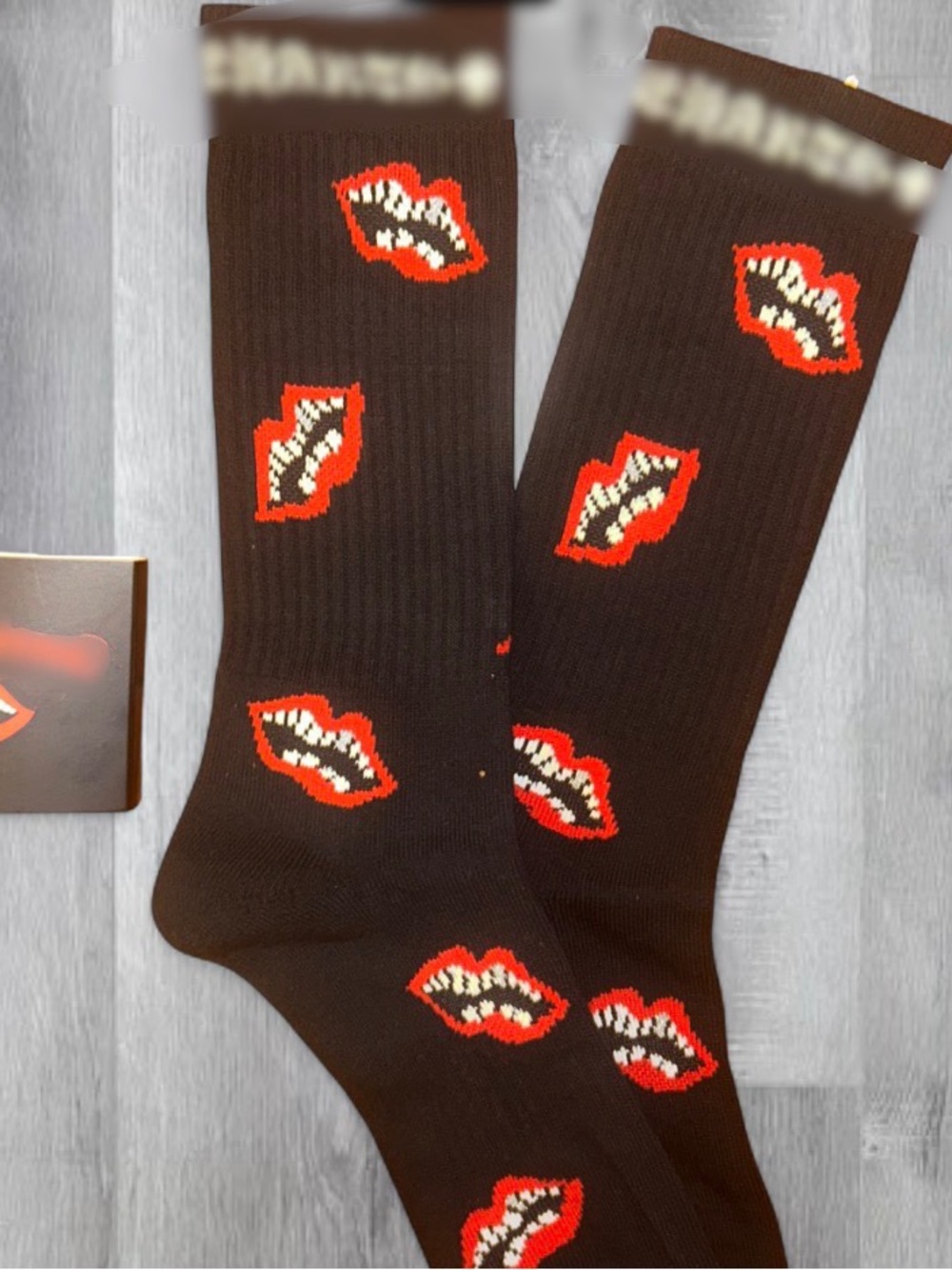 Men's Black Socks with Red Lips Pattern